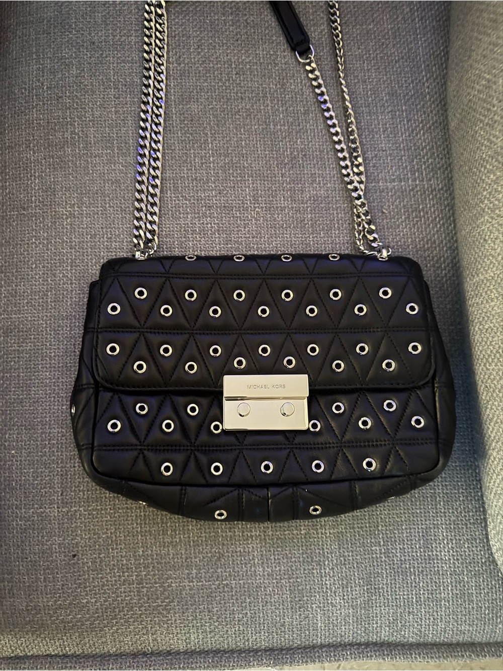 Michael Kors Black Quilted Eyelet Chain Shoulder Bag with Silver Hardware